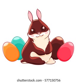 Easter Bunny and chocolate eggs. A celebration of spring. Vector illustration isolated on white background. T-shirt print. Greeting card.