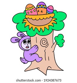 the easter bunny is climbing a big tree to pick up the eggs on it, vector illustration art. doodle icon image kawaii.