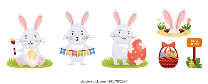 Easter Bunny Clip Art. Ears rabbit in hole. Basket Easter eggs and Egg hunt pointer.  Vector illustration in cartoon style