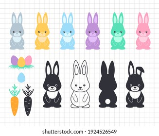 Easter bunny clip art. Rabbit with eggs and carrots. Cute funny animal. Silhouette vector flat illustration. Cutting file. Suitable for cutting software. Cricut, Silhouette