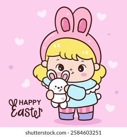 Easter bunny clipart and Cute girl rabbit character. Kawaii animals Egg hunting (whimsical characters). Pet farm Spring activities holiday. Make a wish for baby t shirt fairy tale book, celebration.