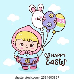 Easter bunny clipart and Cute girl rabbit character holding easter balloon. Kawaii animals Egg hunting (whimsical characters). Pet farm Spring activities holiday. Make a wish for baby t shirt fairy.