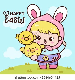 Easter bunny clipart and Cute girl rabbit character hug easter chick. Kawaii animals Egg hunting (whimsical characters). Pet farm Spring activities holiday. Make a wish for baby t shirt fairy tale.