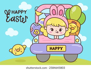 Easter bunny clipart and Cute girl rabbit character on truck with easter chick carrot and eggs. Kawaii animals Egg hunting (whimsical characters). Pet farm Spring activities holiday. Make a wish.