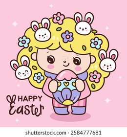 Easter bunny clipart and Cute girl rabbit character holding easter egg flower with rabbits. Kawaii animals Egg hunting (whimsical characters). Pet farm Spring activities holiday. Make a wish for baby.