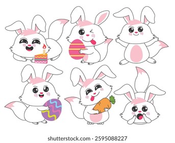 Easter bunny clipart drawing set. Cute rabbit cartoon character clip art outline in happy, funny face, lying down, standing and holding elements like easter egg, carrots and cake for holiday season 