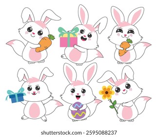 Easter bunny clipart drawing set. Cute pink rabbit cartoon character in flat sketch doodle outline clip art standing and holding carrots, gift box, egg hunt and flower elements collection vector 