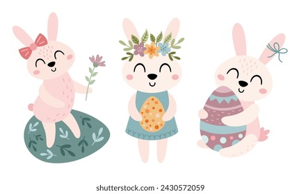Easter bunny clipart. Happy Easter clip art in cartoon flat style, perfect for scrapbooking, stickers, tags, greeting cards, invitations, decor. Hand drawn vector illustration.