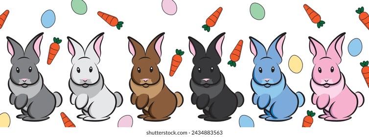 Easter Bunny Clipart Illustration Vector. White, Gray, Brown, Black, Pastel Blue, Pastel Pink Bunny. Illustrated Carrots and Pastel Easter Eggs Background