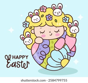 Easter bunny clipart and Princess girl rabbit character sleep on easter egg flower with rabbits. Kawaii animals Egg hunting (whimsical characters). Pet farm Spring activities holiday. Make a wish.