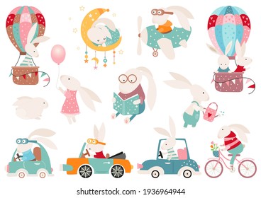 Easter bunny clipart set, Easter rabbit collection, isolated elements on white. Vector illustration.
