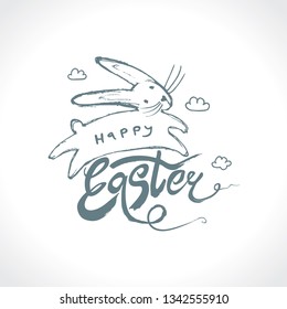 Easter bunny in clouds. Happy Easter vector illustration imitating pencil drawing. 