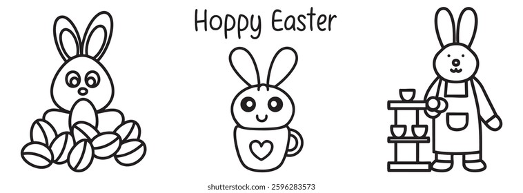 Easter bunny coffee collection. Three cute Easter bunny illustrations with eggs and a cheerful mug.