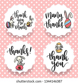 Easter bunny collection cards. Dots background. Polka background with thanks, labels. Flowers and leaves. - Vector