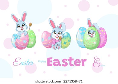 Easter bunny collection. Easter color eggs and paint brush