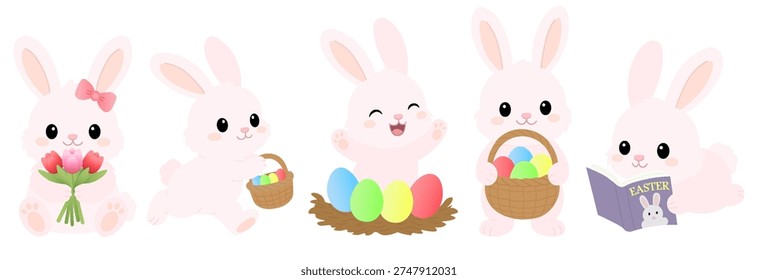 Easter Bunny Collection. Cute Pink Rabbit Characters with Colorful Eggs. Kawaii Vector Set.