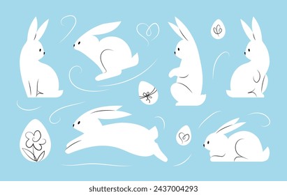 Osterhasen-Kollektion. Set von weißen Kaninchen in verschiedenen Posen und Ostereier auf blauem Hintergrund. Vektor-Illustration im flachen Stil