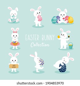 Easter Bunny collection. Vector set with cute bunnies and Easter eggs. Illustration for the Easter holiday. Elements for the design of postcards, posters, and stickers