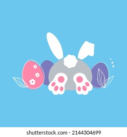 The Easter Bunny collects eggs. Drawn funny bunny, ears, paws and tail. Rabbit character. The hare is sticking out of the hole. Vector illustration on isolated background