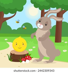 Osterhase und Colobok im Garten. In: Vector Cartoon Illustration.