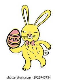 Conejo de Pascua con huevo de colores. Cute Cartoon conejo amarillo soleado sobre un fondo blanco. Ilustración vectorial de Pascua para tarjetas de felicitación, pegatinas, etc.
