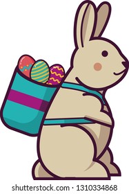 Easter bunny and colored eggs in a basket vector icon illustration