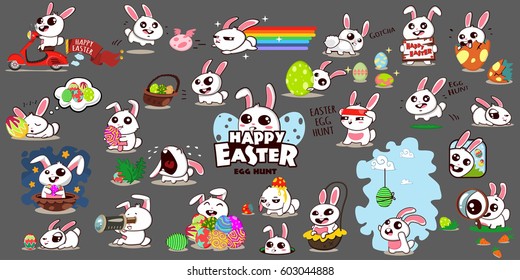 Easter bunny with colored eggs big set. Vector cartoon illustration. Cute rabbit character for the holiday.