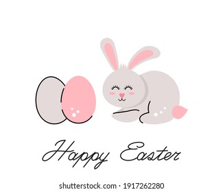 easter bunny and colored easter eggs in a cute linear style. happy easter festive greeting card with greeting lettering. vector illustration isolated on white background