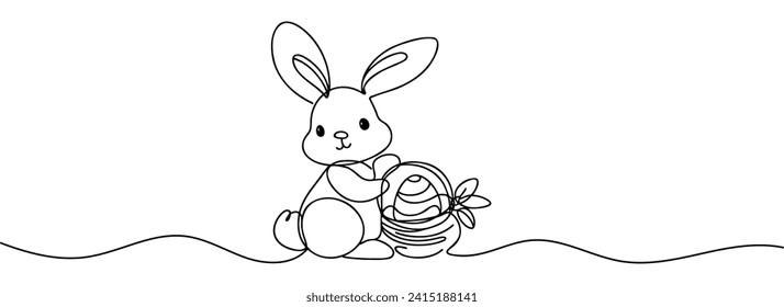 Conejo de Pascua con huevos de colores dibujados en una línea