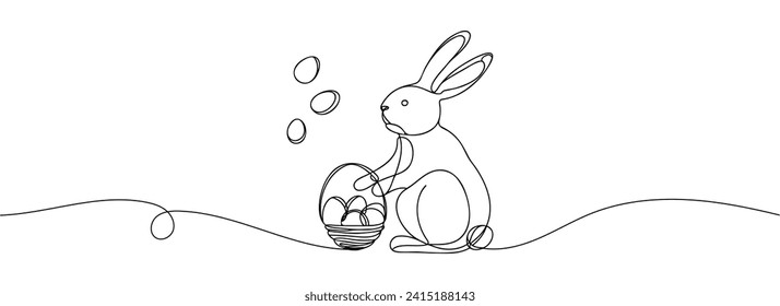 Easter bunny with colored eggs drawn in one line