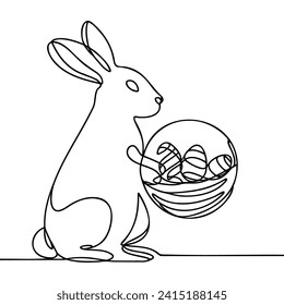 Easter bunny with colored eggs drawn in one line