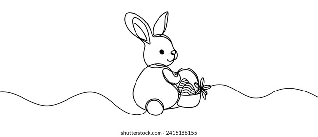 Easter bunny with colored eggs drawn in one line