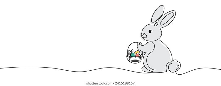 Easter bunny with colored eggs drawn in one line