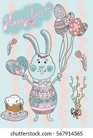 Easter Bunny with colored eggs in the form of balloons. Drawing Doodle handmade