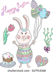 Easter Bunny with colored eggs in the form of balloons. Drawing Doodle handmade