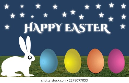 Easter bunny and colored eggs on a background of the starry sky. Vector illustration