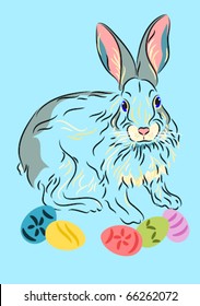 Easter bunny with colored eggs on blue background