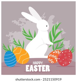 Easter Bunny with colored eggs and plants. Cute Easter decoration element. Easter 2025 concept. Flat vector illustration.