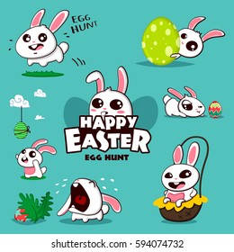 Easter bunny with colored eggs set. Vector cartoon illustration. Cute rabbit character for the holiday.