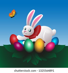 Easter bunny and colored eggs vector illustration