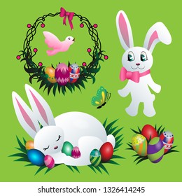 Easter bunny and colored eggs vector illustration set