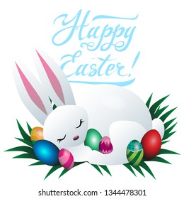 Easter bunny and colored eggs vector illustration