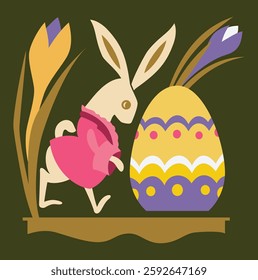 Easter bunny with colorful egg on green background