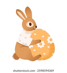 Easter bunny with colorful egg with spring flowers. Cute rabbit with easter egg. Flat vector illustration.