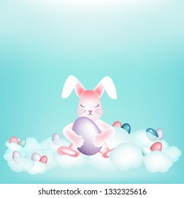 Easter bunny with colorful eggs napping on the clouds Copy space