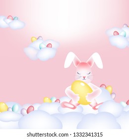 Easter bunny with colorful eggs napping on the clouds Copy space