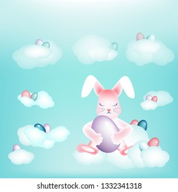 Easter bunny with colorful eggs napping on the clouds Copy space