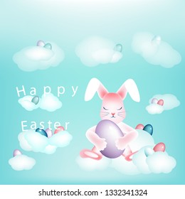 Easter bunny with colorful eggs napping on the clouds Copy space Inscription Happy Easter