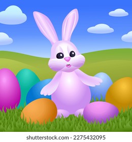 Easter bunny with colorful easter eggs on green meadow vector illustration. Easter egg hunt. Cute rabbit character.