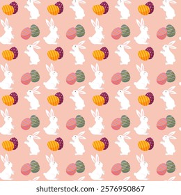 Easter bunny and colorful eggs. Seamless pattern with Easter theme. Pink background. Vector illustration